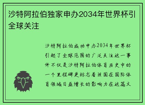 沙特阿拉伯独家申办2034年世界杯引全球关注