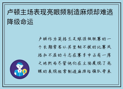 卢顿主场表现亮眼频制造麻烦却难逃降级命运 卢顿主场表现亮眼频制造麻烦却难逃降级命运