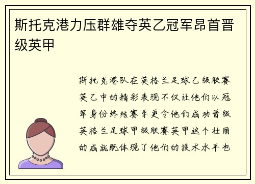斯托克港力压群雄夺英乙冠军昂首晋级英甲 斯托克港力压群雄夺英乙冠军昂首晋级英甲
